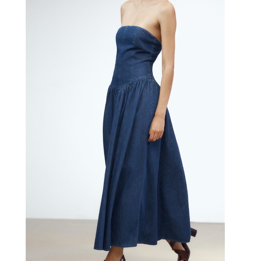NWT ZARA STRAPLESS TRF DENIM MIDI DRESS M